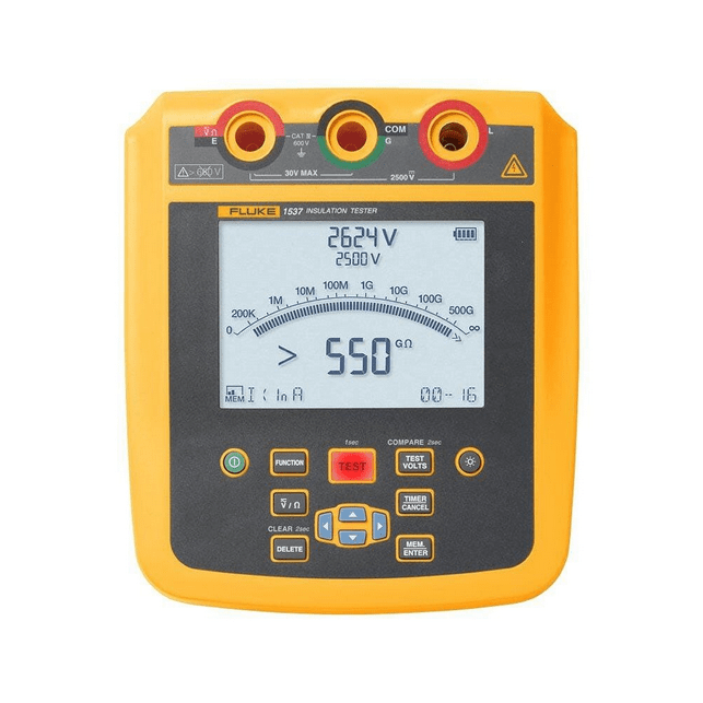 FLUKE 1537 insulation tester powered on showing 2500V test voltage range with 550 gigaohm insulation resistance reading, no test leads connected