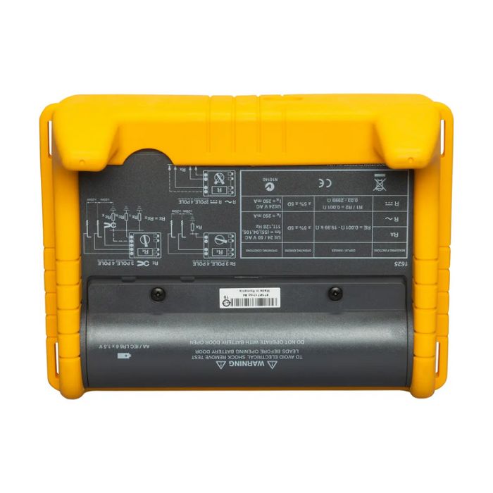 The back view of the FLUKE 1625-2 earth tester, showing the convenient built-in reference chart for field testing configurations.