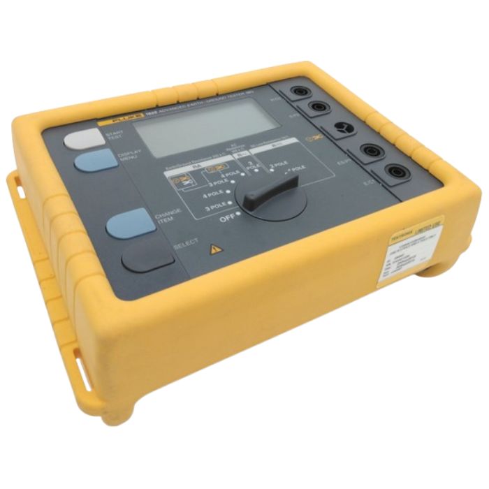 A detailed close-up view of the rugged FLUKE 1625-2 digital earth tester, highlighting its rotary function dial and large interface.