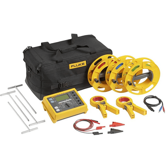 The complete FLUKE 1625-2 GEO Earth Ground Tester kit, including the meter, clamps for stakeless testing, test leads, and earth spikes.