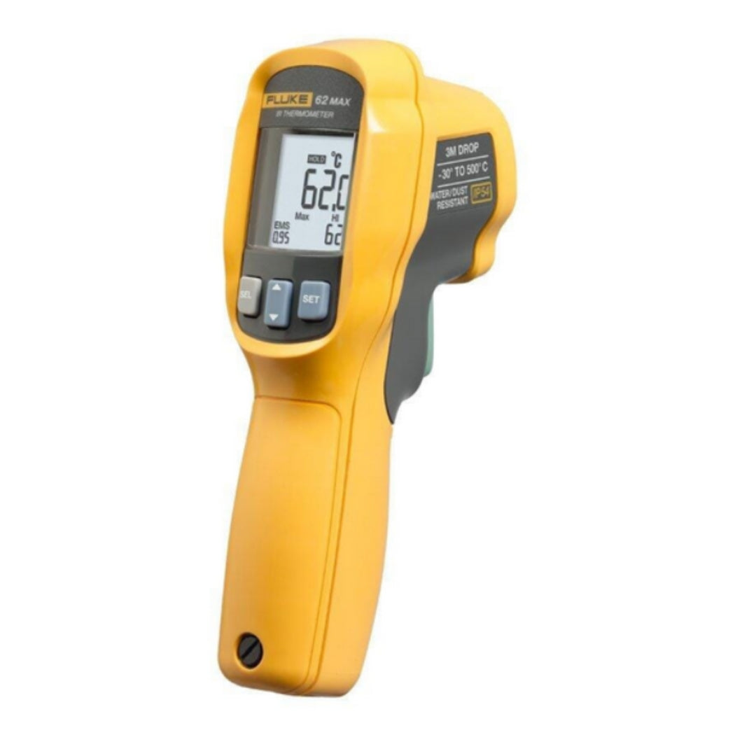 Front view of the rugged FLUKE 62 Max+ dual laser infrared thermometer with backlit display on, showing a precise non-contact temperature reading of 62.0°C and a maximum recorded value of 62°C with 0.95 emissivity for industrial HVAC diagnostics.