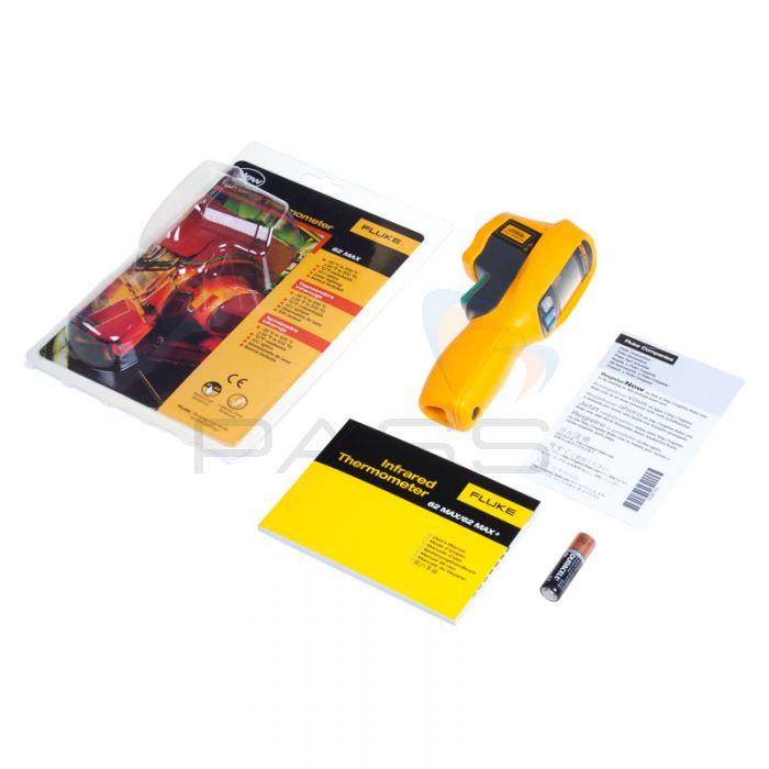 Complete FLUKE 62 Max+ industrial infrared temperature gun kit in retail blister packaging, including the IP54-rated thermometer, 1 AA battery, user manual, and calibration certificate—ready for electrical and mechanical maintenance professionals.