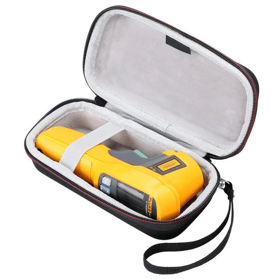 FLUKE 62 Max+ industrial laser temperature gun secured in a protective carrying pouch (optional accessory), providing safe storage and belt-clip portability for electrical contractors and HVAC technicians working in the field.