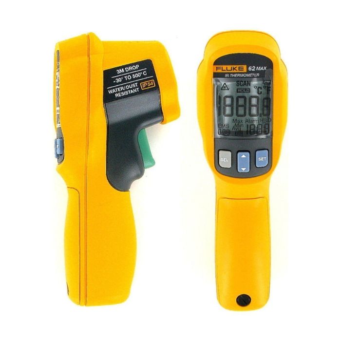 Side and front profile views of the FLUKE 62 Max+ rugged infrared thermometer, highlighting the IP54 dust and water-resistant housing, dual laser targeting system, large backlit display, and ergonomic grip designed for daily field use.