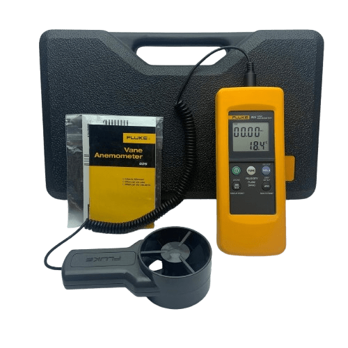 The FLUKE 925 digital anemometer shown with its included user manual and rugged hard carrying case for protection and portability.