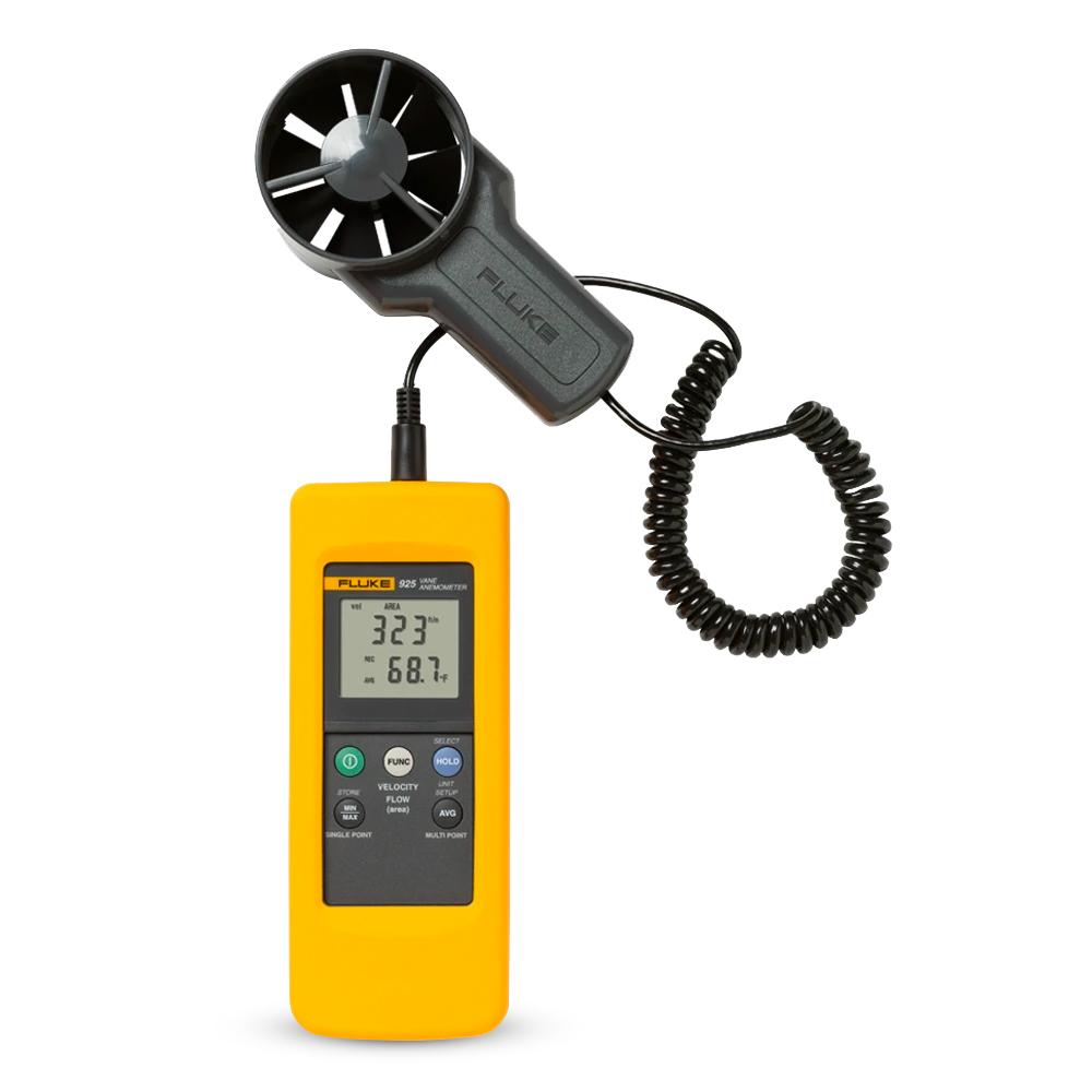 The FLUKE 925 digital vane anemometer powered on and displaying an air velocity reading, with its separate, easy-to-use vane sensor probe connected.