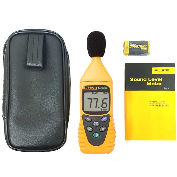 The complete Fluke 945 sound level meter kit including the handheld device, protective soft carrying pouch, 9V battery, and user manual.