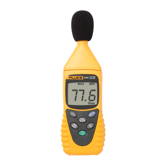 Fluke 945 digital sound level meter displaying a MAX hold reading of 77.7 dBA on its backlit LCD screen for professional noise assessment.