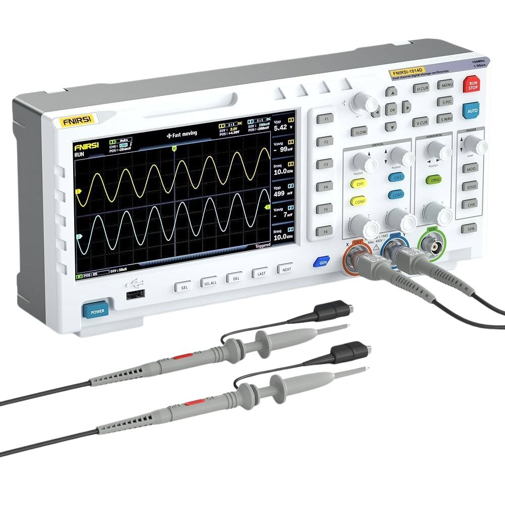 FNIRSI 1014D 100MHz 2-Channel Digital Oscilloscope with 2 test leads connected performing dual-channel signal analysis on live circuit - Portable oscilloscope for electronics repair and testing Sri Lanka.