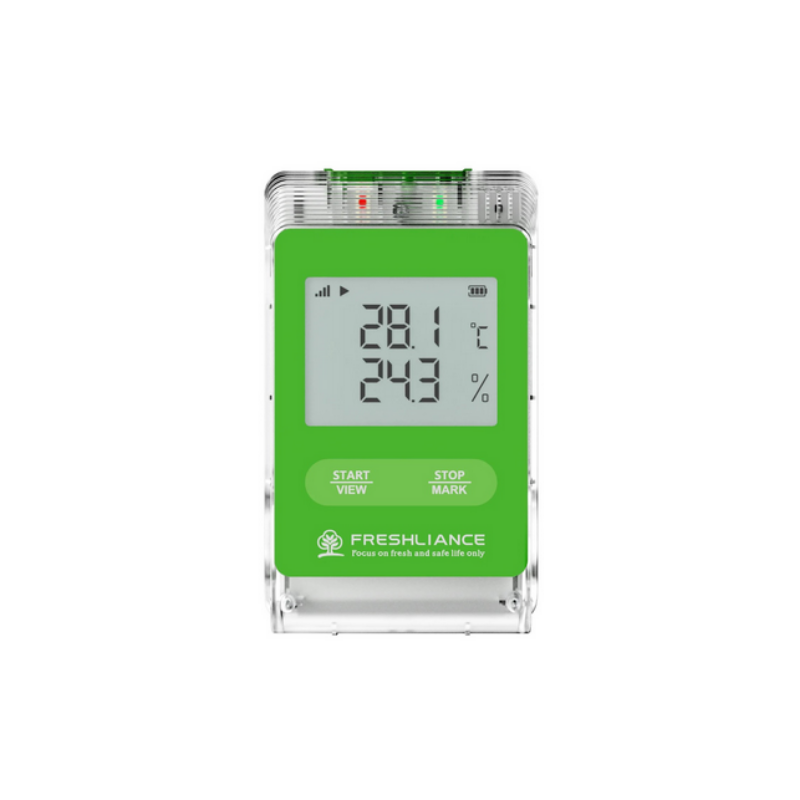 Green digital thermometer with display on a white background