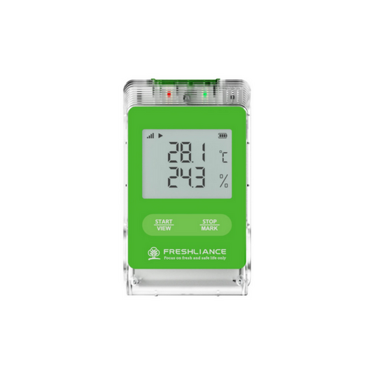 Green digital thermometer with display on a white background