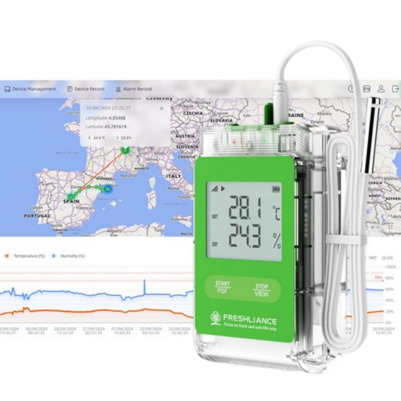 Green digital thermometer with cable on a map background