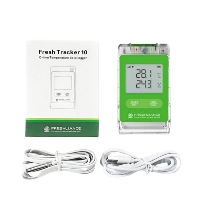 Fresh Tracker 10 temperature data logger with packaging and cables on a white background