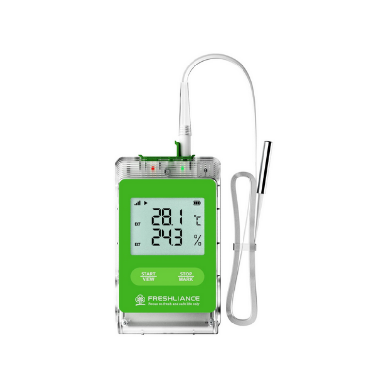 Digital thermometer and probe with green display on a white background