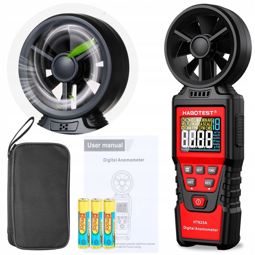 Full kit of the HABOTEST HT625A digital air flow meter, including the device, batteries, user manual, and protective carrying pouch for professional field use.
