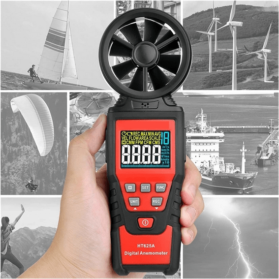 The HABOTEST HT625A anemometer displaying a reading, with a background collage illustrating its wide range of applications like wind energy, sailing, and meteorology.