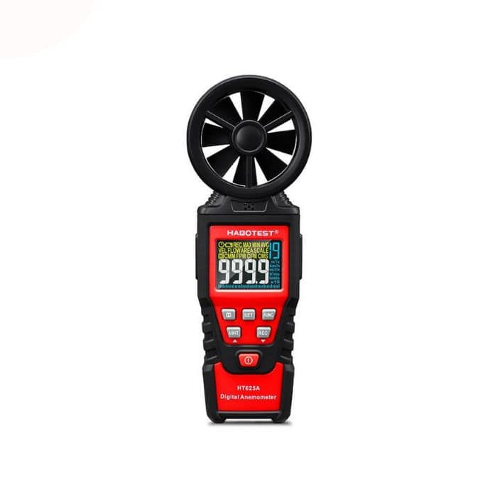 Close-up of the HABOTEST HT625A digital anemometer's LCD screen showing its power-on self-test with all display indicators and segments illuminated.