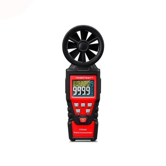 Close-up of the HABOTEST HT625A digital anemometer's LCD screen showing its power-on self-test with all display indicators and segments illuminated.