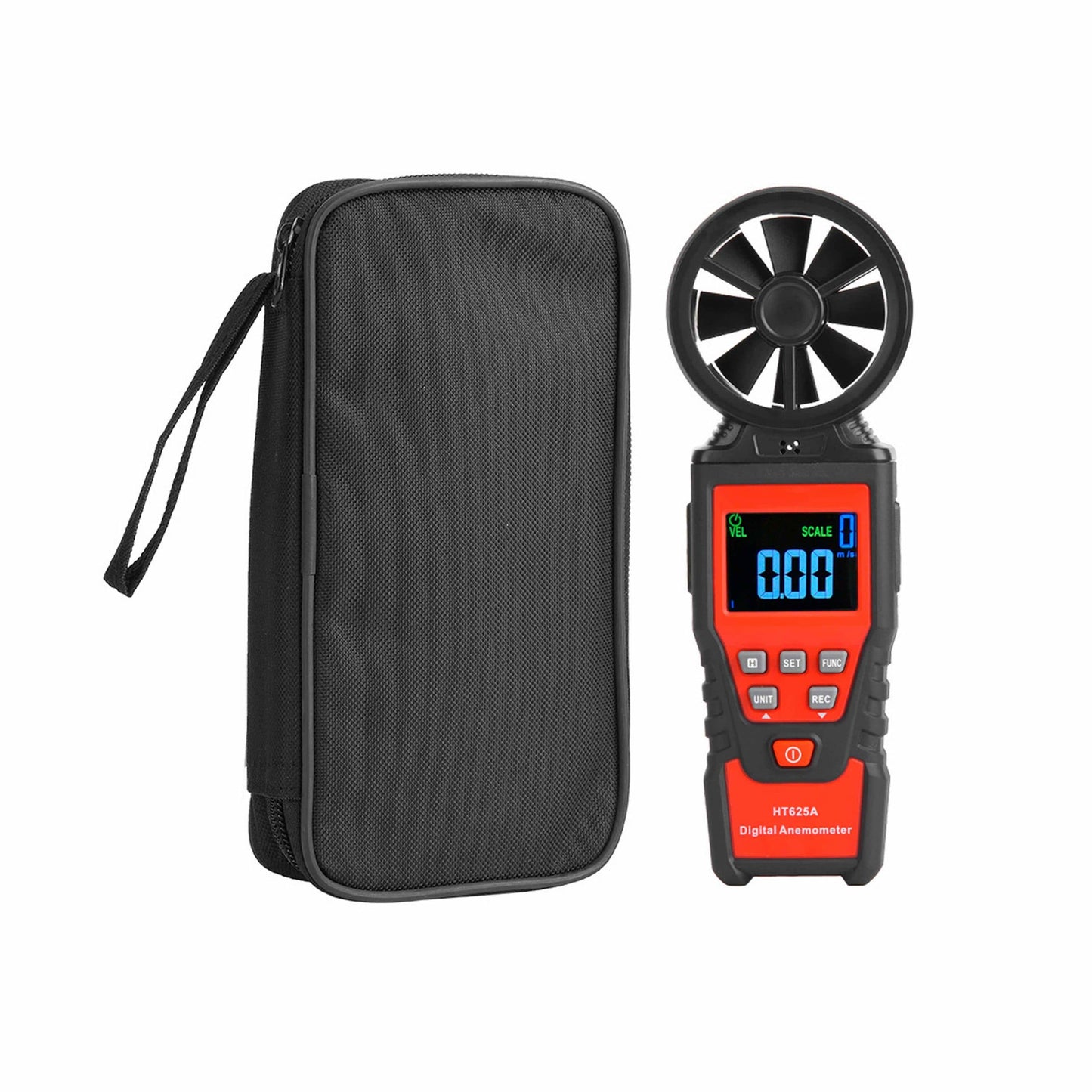 The HABOTEST HT625A digital wind speed meter powered on and ready for measurement, displayed next to its durable black carrying pouch.