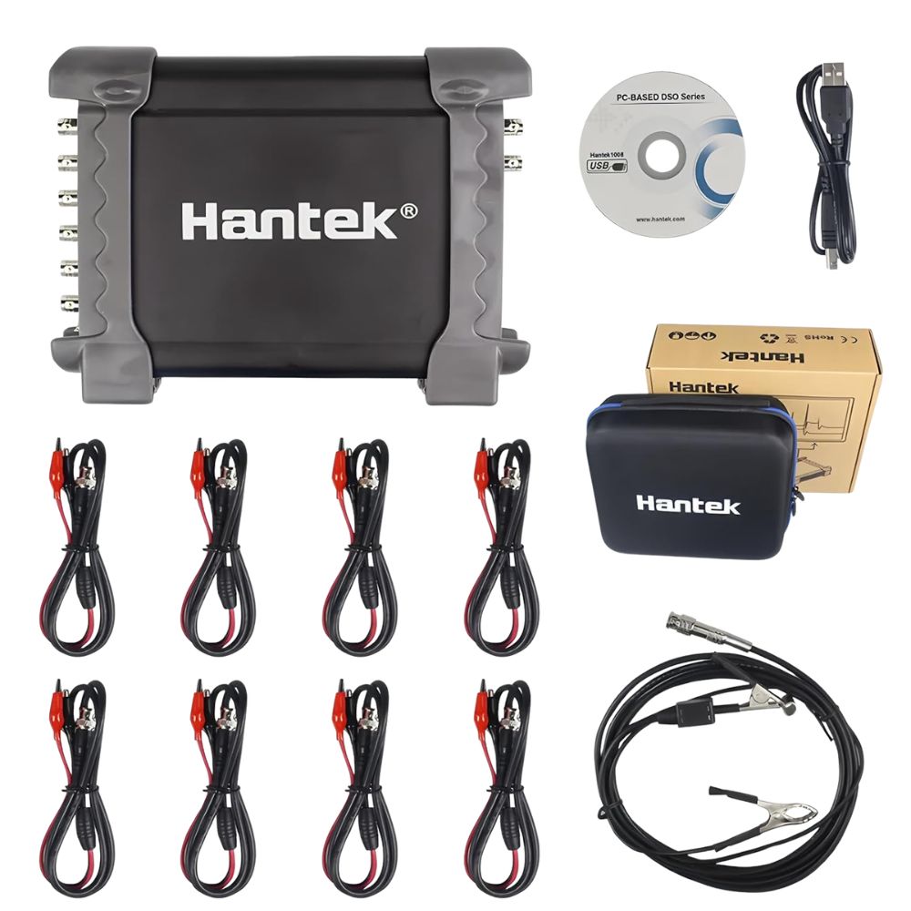 HANTEK 1008C 60MHz 8-Channel PC USB Digital Oscilloscope complete package set with ignition probe, 8x BNC test leads, USB cable and software CD - Automotive diagnostic oscilloscope Sri Lanka.