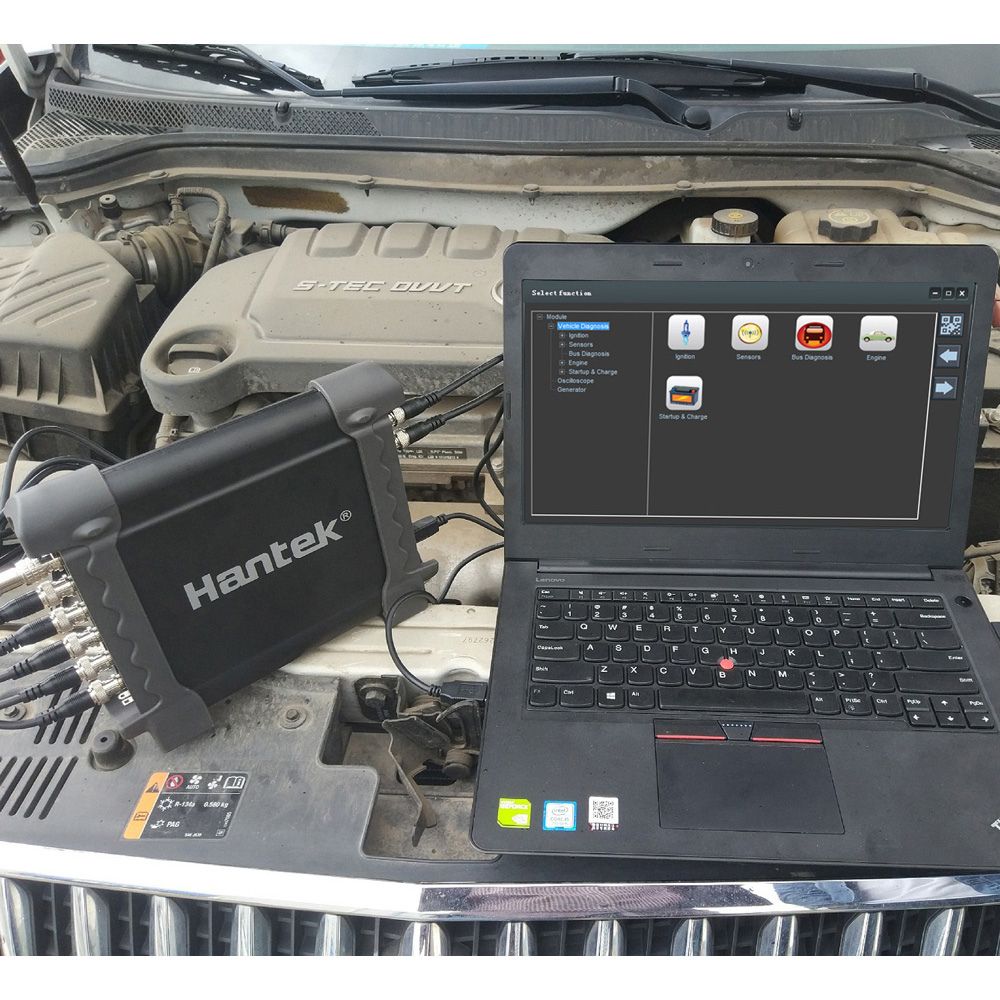HANTEK 1008C 60MHz 8-Channel PC USB Oscilloscope in use for automotive diagnostics with multiple test leads connected to vehicle sensors and ignition system - Professional auto repair testing Sri Lanka.