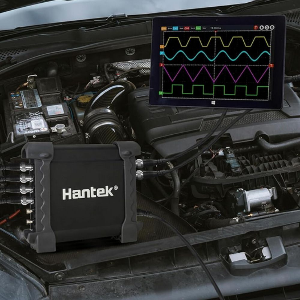 HANTEK 1008C 60MHz 8-Channel PC USB Oscilloscope connected to laptop for automotive diagnostics showing multi-channel waveform analysis - Portable vehicle testing solution Sri Lanka.