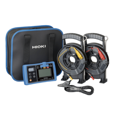 The complete HIOKI FT6031-50 earth tester kit, including the handheld meter, test lead winders, earth spikes, and branded carrying case.