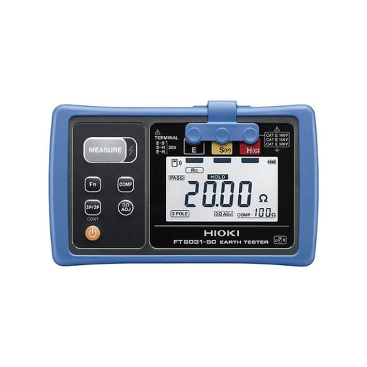 Close-up of the HIOKI FT6031-50 digital earth tester with its display showing a ground resistance reading of 20.00 ohms.
