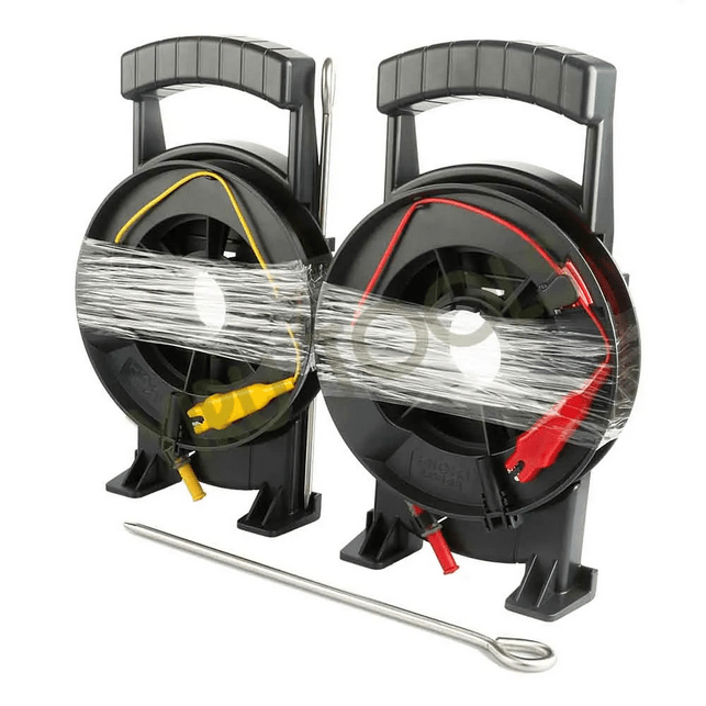 Close-up of the innovative HIOKI earth tester accessories, showing the time-saving test lead winder and a durable stainless steel earth spike.