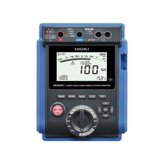 HIOKI IR5051 high voltage insulation tester displaying 1kV measuring range with 1000 gigaohm resistance reading, no test leads connected