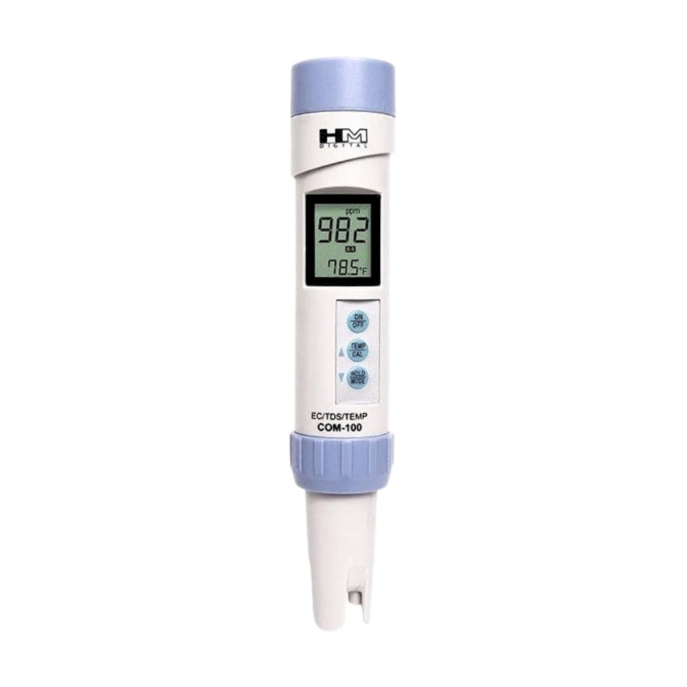 HM Digital COM-100 TDS EC temperature meter front view showing digital display