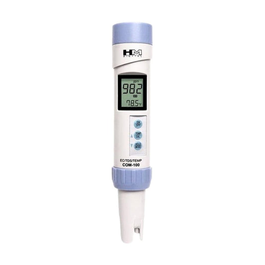HM Digital COM-100 TDS EC temperature meter front view showing digital display