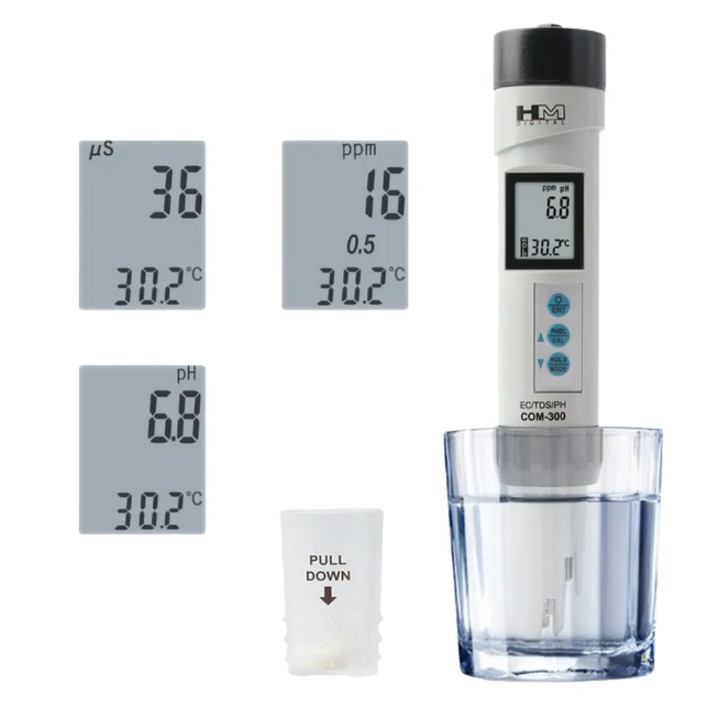 HM Digital COM-300 digital combo meter display showing EC 36 µS, 30.2 °C, 16 ppm TDS and 6.8 pH in different modes, professional pH EC TDS temperature tester for hydroponics, aquariums and RO water systems