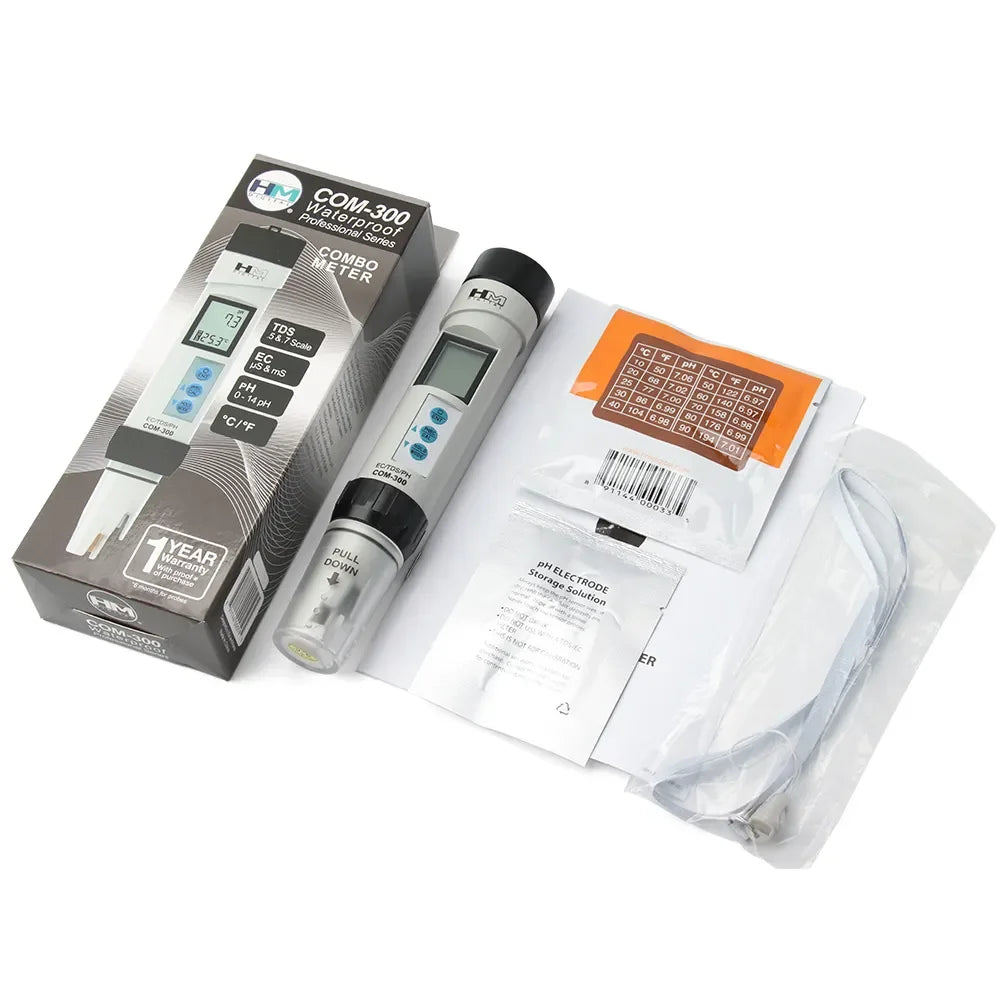 HM Digital COM-300 conductivity EC TDS pH meter complete kit with retail box, digital combo tester, pH buffer solutions 7.0 and 4.0, KCL probe storage solution, user manual and lanyard for professional water testing