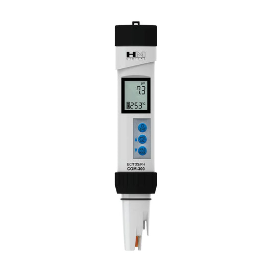 Professional HM Digital COM-300 pH EC TDS temperature meter front view showing 7.3 pH reading and 25.3 °C, waterproof handheld water quality tester for hydroponics and drinking water analysis in Sri Lanka