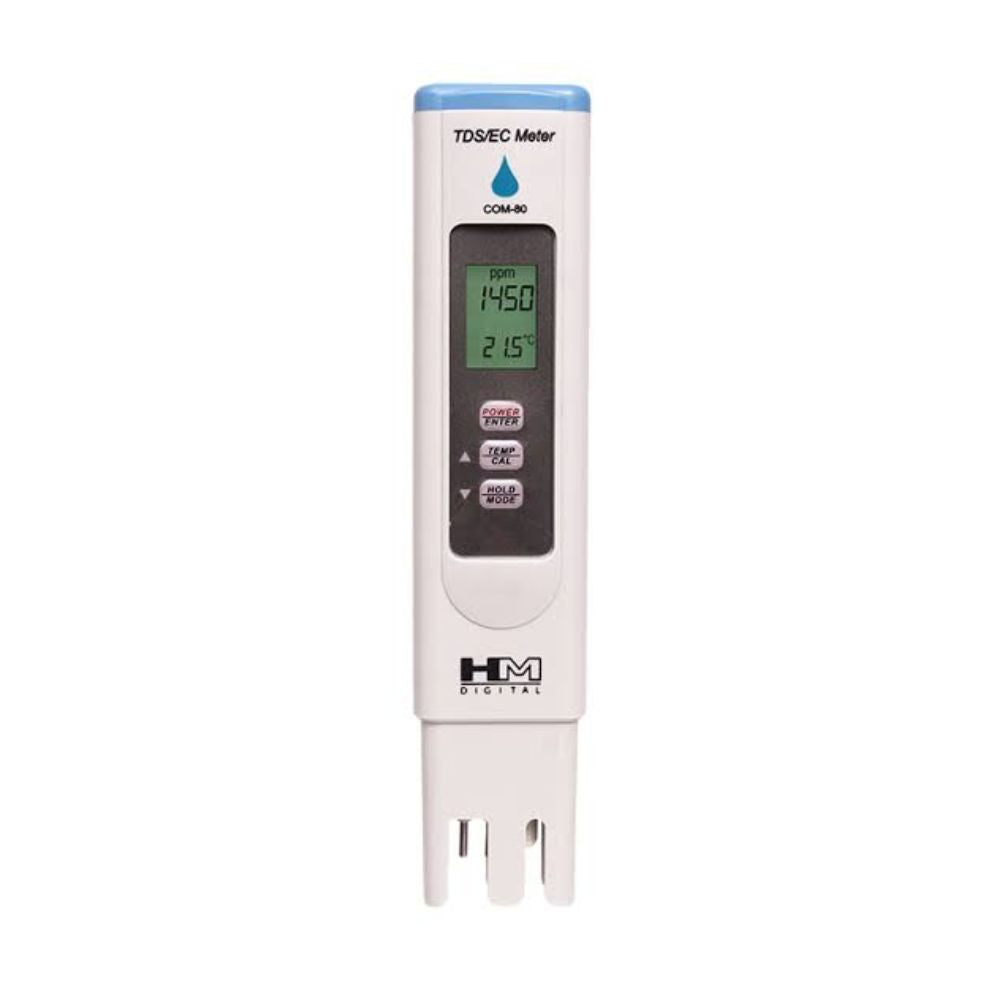 HM Digital COM-80 TDS EC temperature meter front view showing digital display