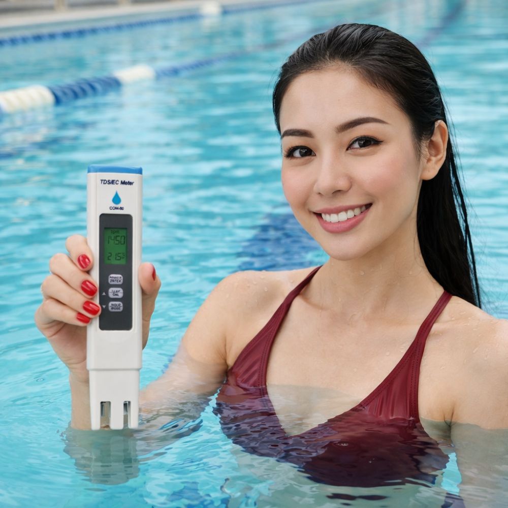 HM Digital COM-80 TDS EC meter measuring water quality in a swimming pool