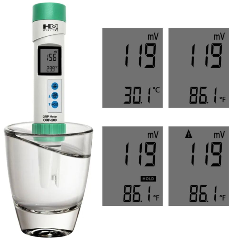 HM Digital ORP-200 LCD display showing ORP mV and temperature readings with dual parameter measurement for drinking water and pool testing applications