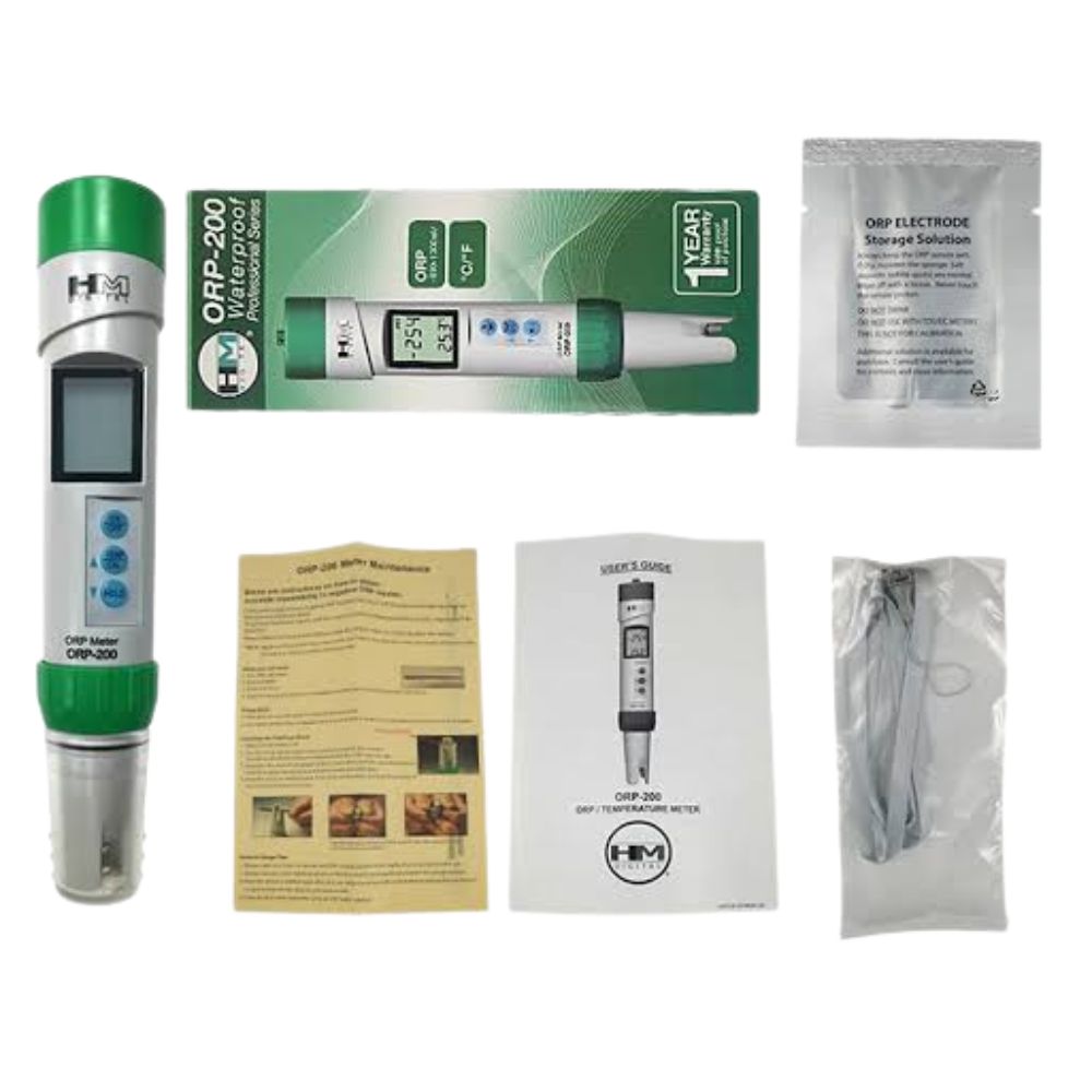 HM Digital ORP-200 ORP meter complete kit with carrying case, probe, batteries and accessories for professional water treatment and RO plant monitoring