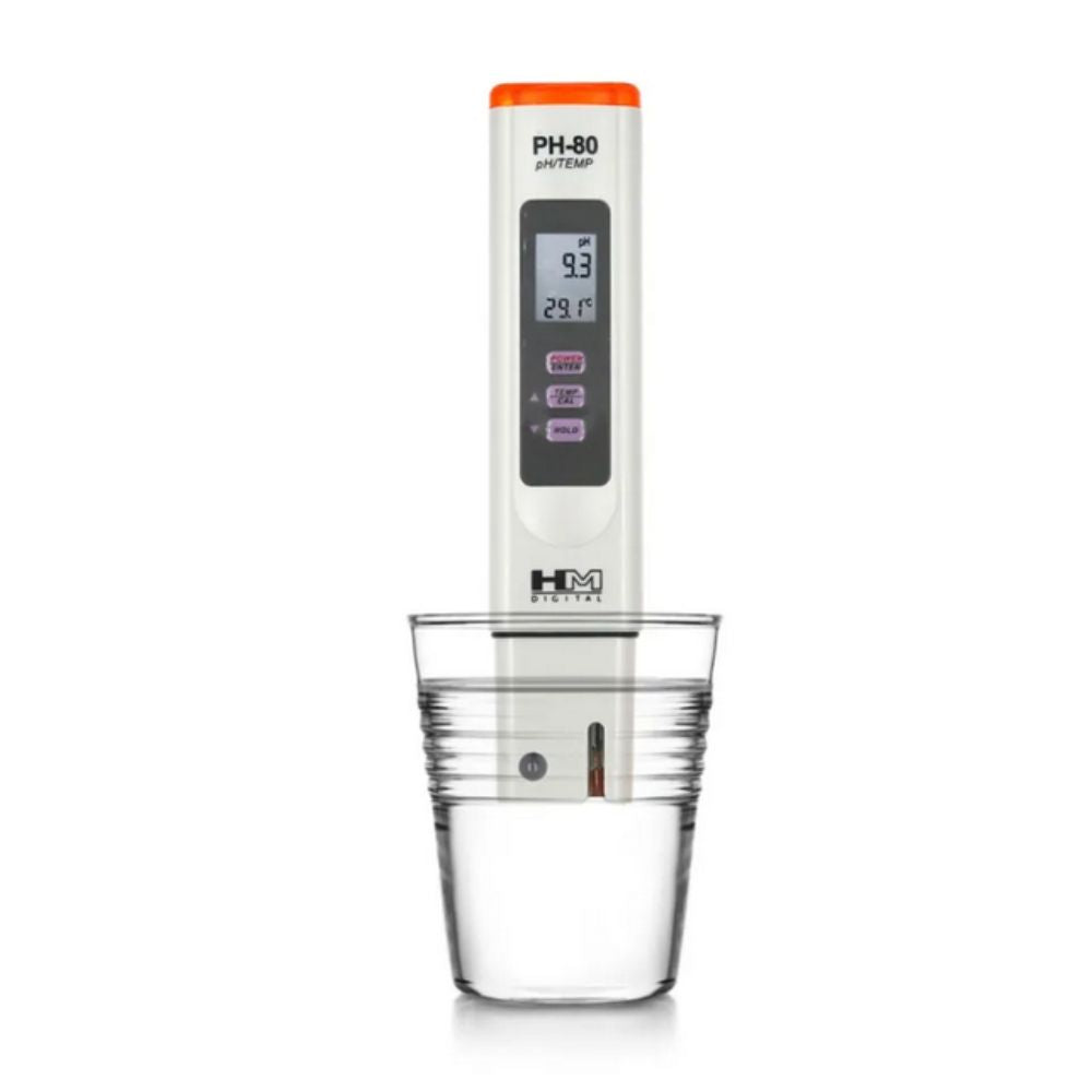 HM Digital PH-80 digital pH meter testing pH level of a drinking water sample for water quality verification
