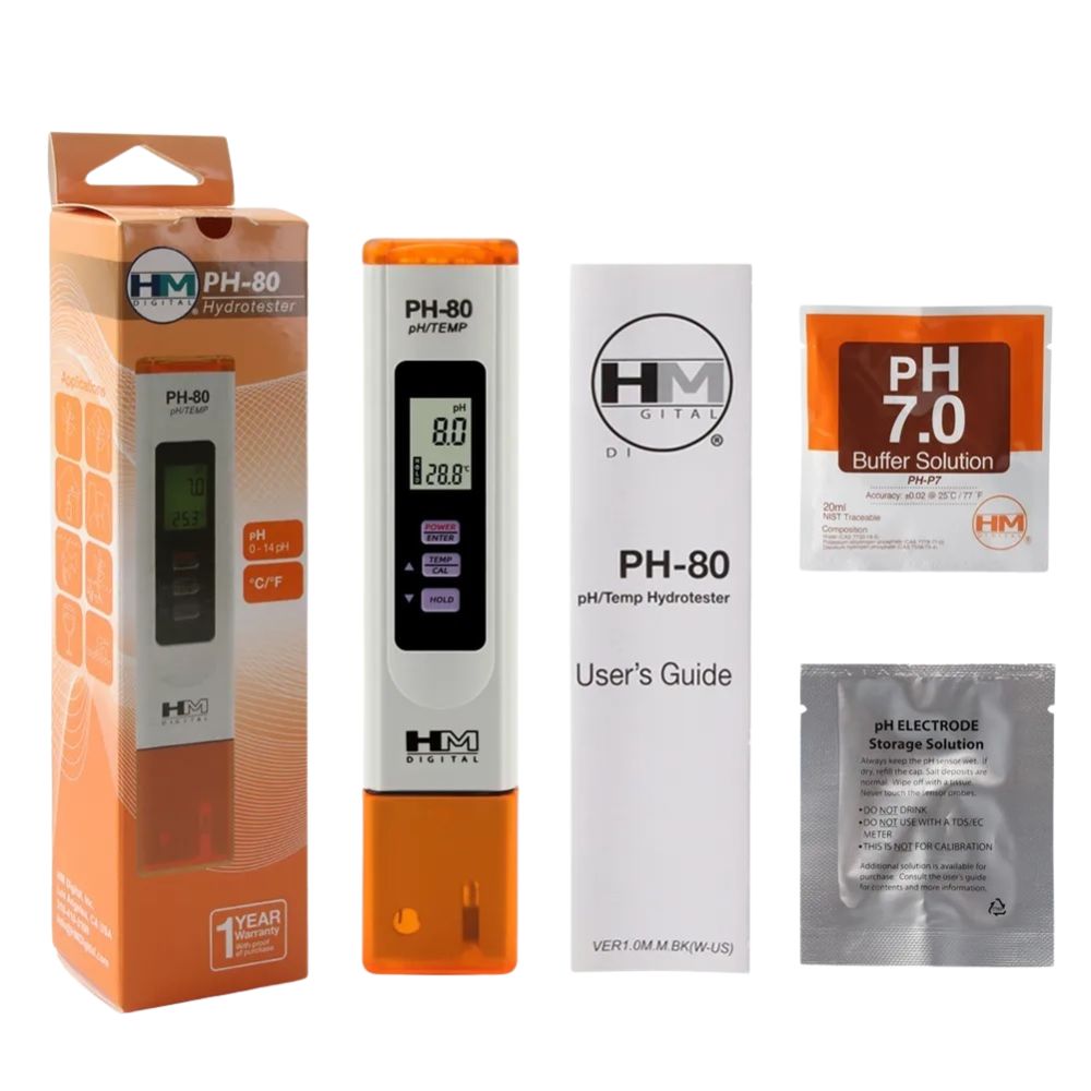 HM Digital PH-80 pH HydroTester complete package including tester unit, protective cap, buffer sachet, and batteries