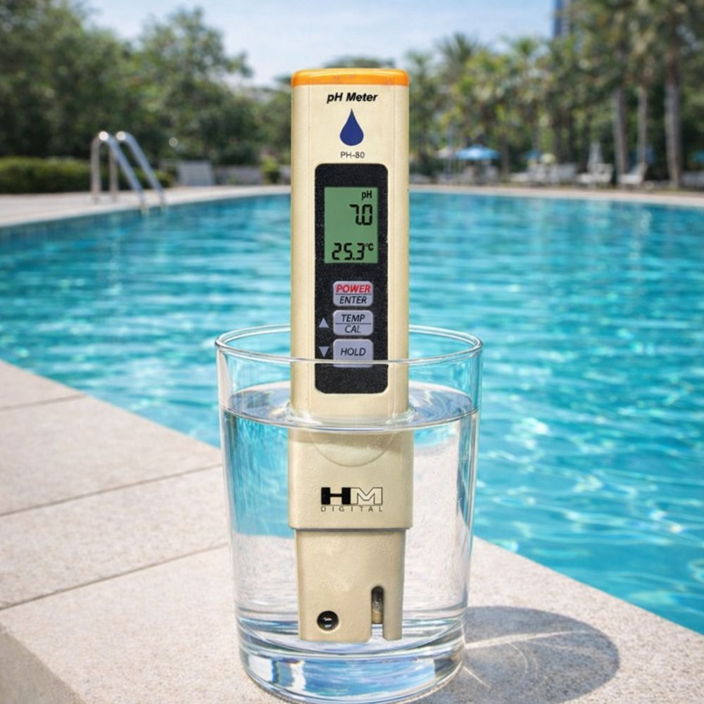 HM Digital PH-80 portable pH tester measuring pH level of swimming pool water sample