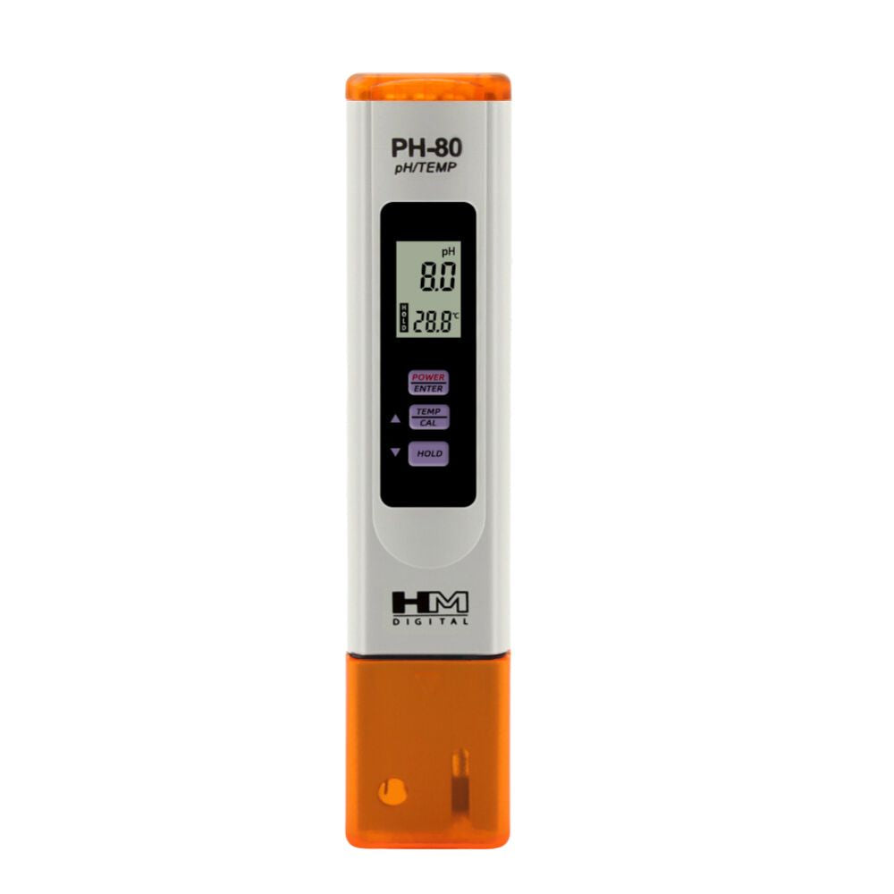 HM Digital PH-80 Waterproof Pocket pH Tester – front view showing LCD display and probe