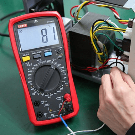 HVAC Temperature Testing with UNI-T UT890C - Measuring Heat with K-Type Thermocouple Probe - Display Showing 81°C - Digital Thermometer Mode for AC Repair