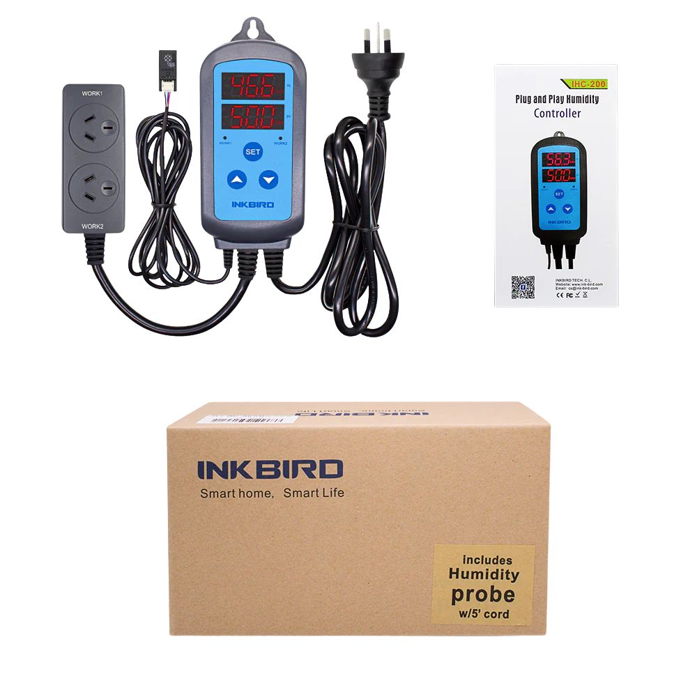 INKBIRD IHC-200-WIFI dual-stage humidistat complete set including controller unit, capacitive humidity sensor with 2m cable, dual outlet power strip and user manual