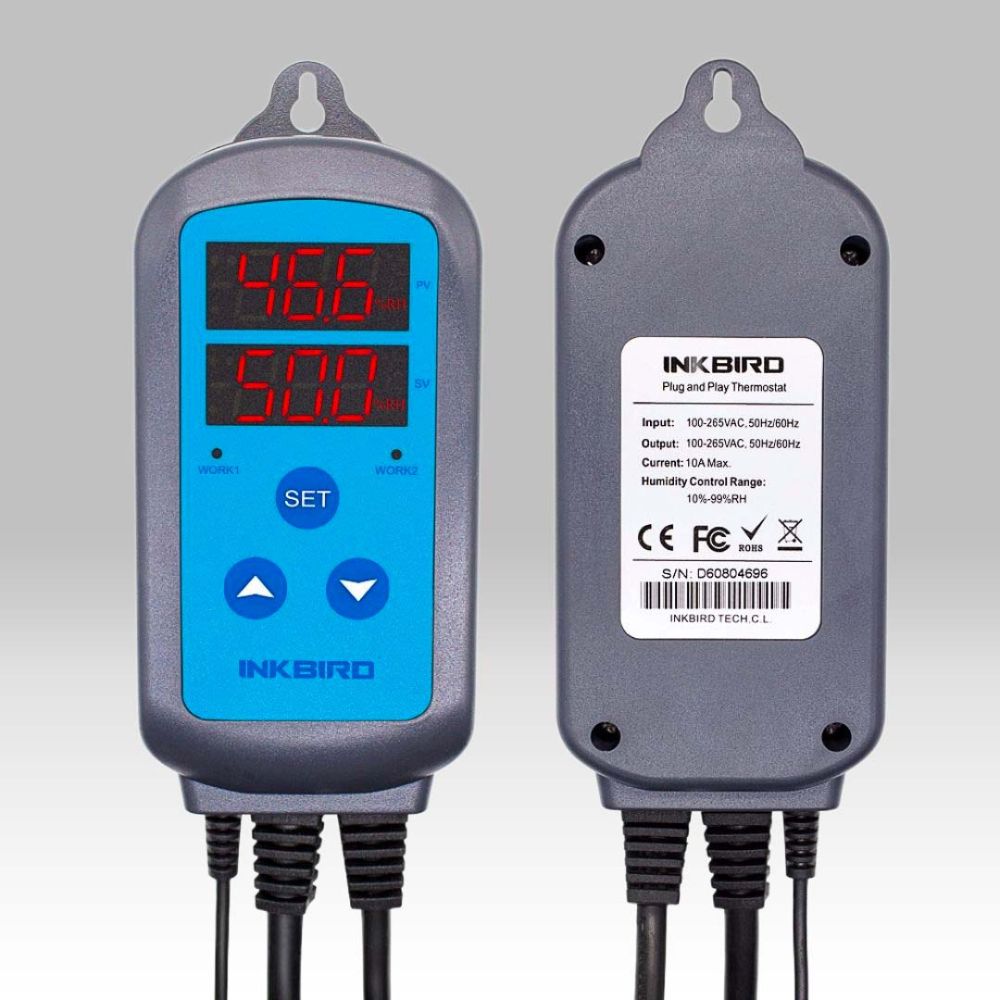 INKBIRD IHC-200-WIFI humidity controller in operation showing setpoint display reading and back panel outlet connections for humidifier and dehumidifier wiring