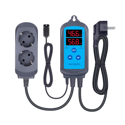 INKBIRD IHC-200-WIFI digital WiFi humidity controller front view showing LED dual display and pre-wired dual outlet power strip