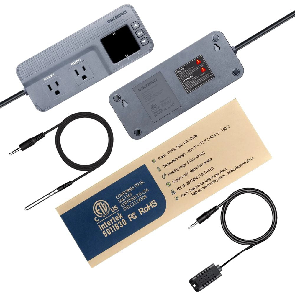 INKBIRD ITC-608T dual-parameter controller complete set including main unit, NTC temperature sensor, capacitive humidity sensor with 2m cables, panel mount bracket and user manual — available in Sri Lanka at nanozone.lk