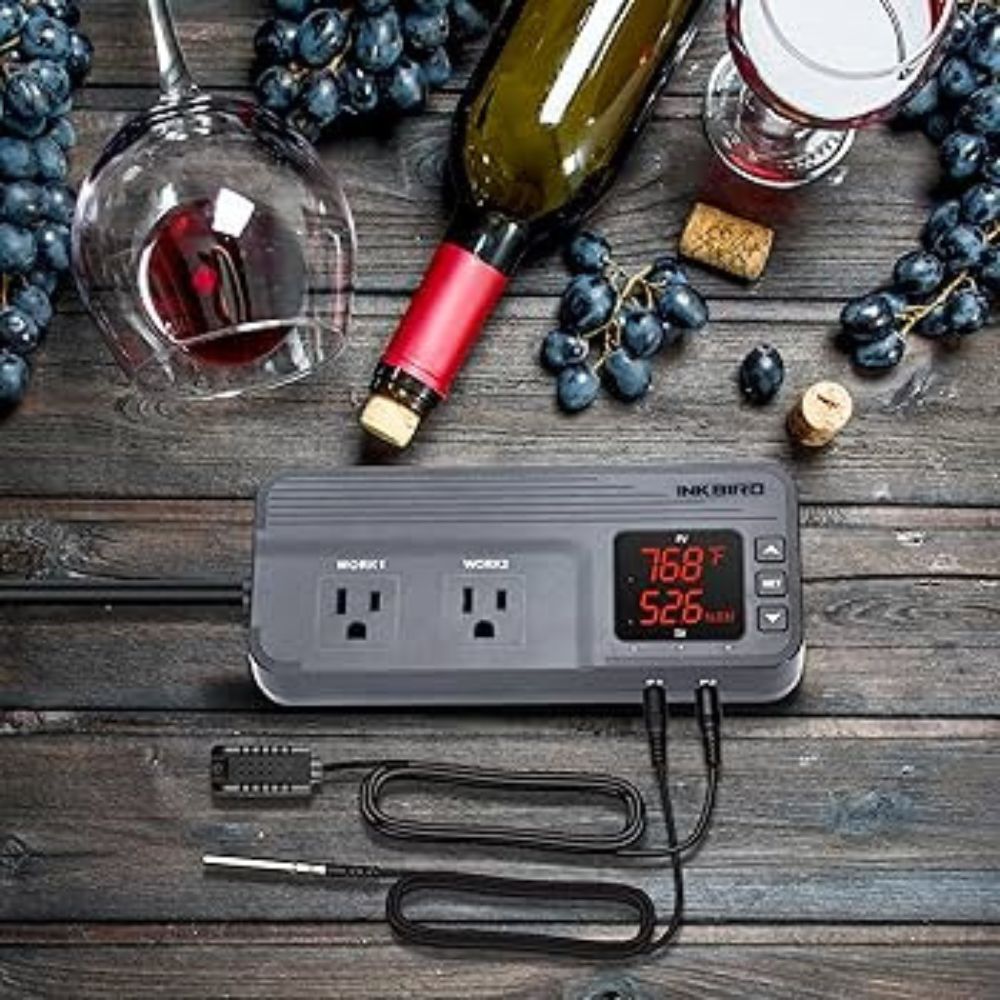 INKBIRD ITC-608T dual-stage temperature and humidity control system managing wine cellar environmental conditions — simultaneous thermostat and humidistat setpoint regulation for optimal wine storage