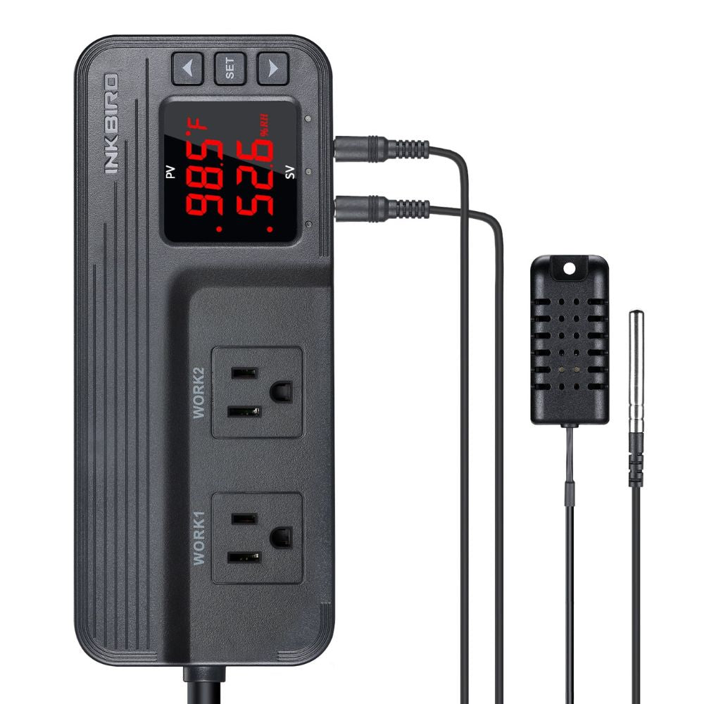 INKBIRD ITC-608T NTC temperature sensor and capacitive humidity sensor connection wiring diagram — dual sensor input setup for simultaneous environmental monitoring and relay output control